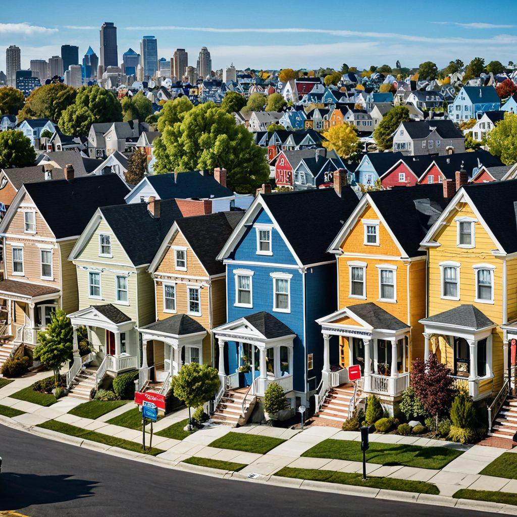 An intricate urban cityscape featuring modern and traditional homes, for-sale signs, real estate agents, and people interacting. Highlight elements like a 'Sold' sign, a couple touring a house, and a landlord handing keys to a tenant. Vibrant yet professional, with a focus on community and diverse architectural styles. super-realistic. vibrant colors.