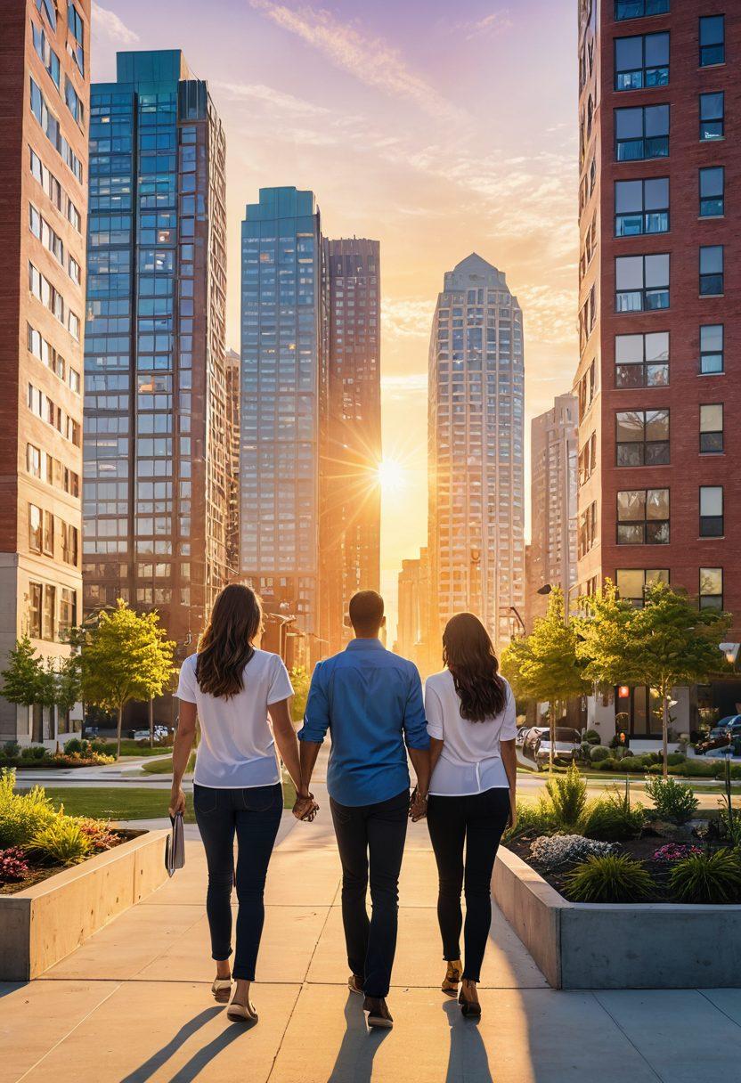 A bustling cityscape with diverse real estate properties: towering skyscrapers, quaint suburban homes, and cozy downtown apartments. Include a friendly real estate agent pointing out features to a family and a young couple happily moving into a new apartment with moving boxes. The backdrop should reveal a sunrise, symbolizing new beginnings. Realistic with vibrant colors and a slight lens flare effect.